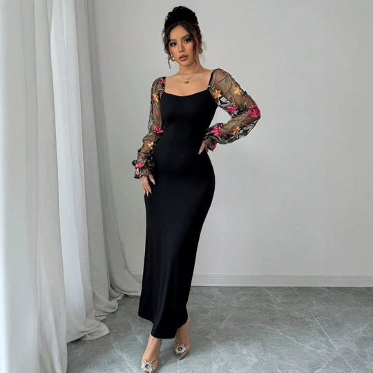Damen Elegantes Maxikleid mit floralen Spitzenärmeln und figurbetontem Schnitt R&B