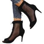 Damen Halboffene High Heel Stiefel mit transparentem Seiteneinsatz und Schnürung R&B