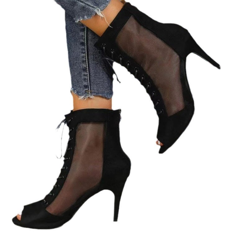 Damen Halboffene High Heel Stiefel mit transparentem Seiteneinsatz und Schnürung R&B