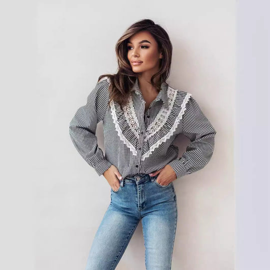 Damen Bluse mit raffinierten Spitzenakzenten und karierter Gestaltung R&B