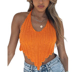 Damen Strick-Crop-Top mit asymmetrischem Saum und stilvollem Häkelmuster R&B