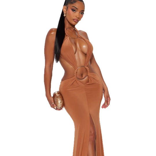 Damen aufregendes Maxikleid mit tiefem V-Ausschnitt und eleganten Raffungselementen R&B