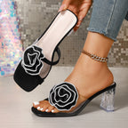 Damen Absatzsandalen mit floralen Applikationen und transparentem Blockabsatz R&B