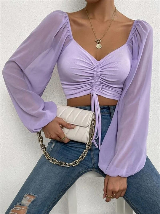 Damen Crop-Top mit strukturiertem Körper und eleganten Puffärmeln R&B