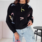 Damen Strickpullover mit verspielten Schleifenapplikationen und lässigem Schnitt R&B