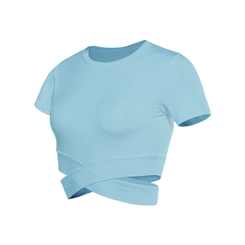 Damen kurzärmliges Trainings-Crop-Top mit innovativer Wickeloptik R&B