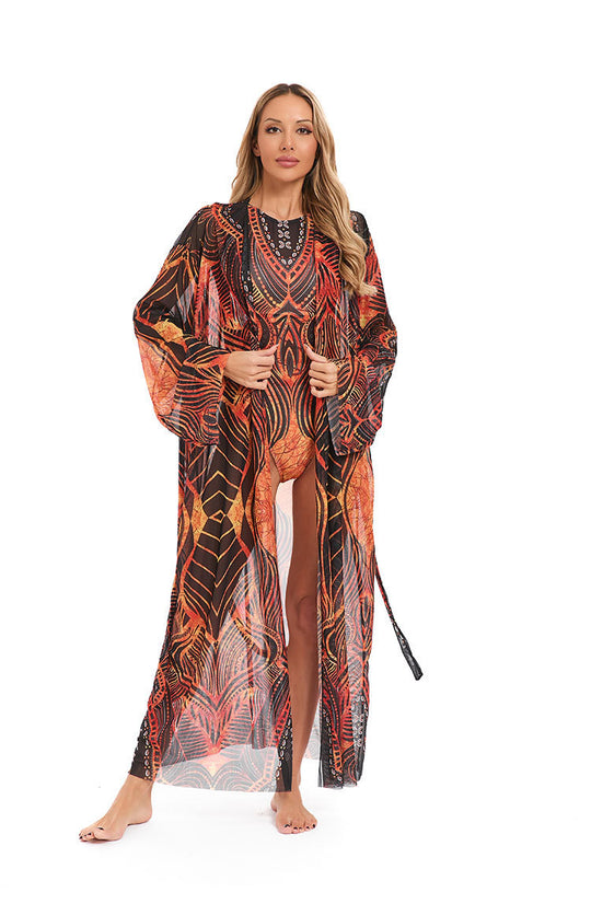 Damen eleganter transparenter Strandkimono mit floralem Design R&B