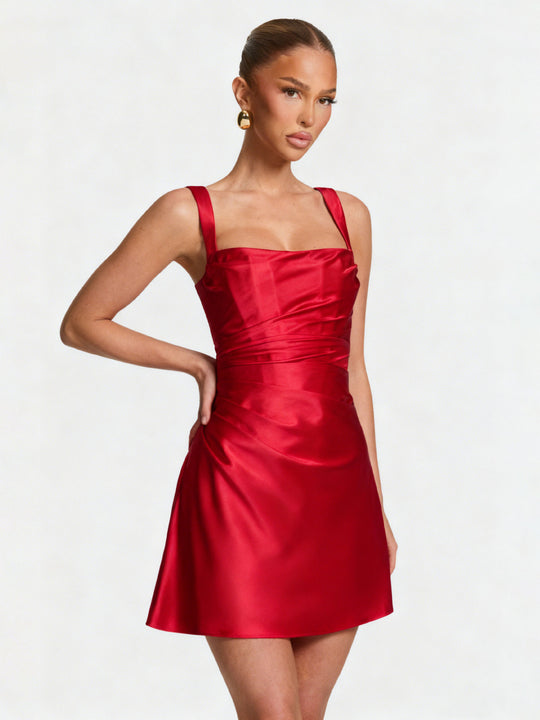 Damen Elegantes Cocktailkleid mit schickem Quadrat-Ausschnitt und fließendem Satin R&B