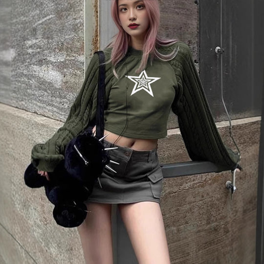 Damen Cropped Pullover mit grafischem Sternenmotiv und strukturiertem Armdesign R&B