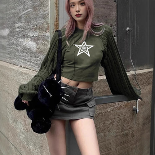 Damen Cropped Pullover mit grafischem Sternenmotiv und strukturiertem Armdesign R&B