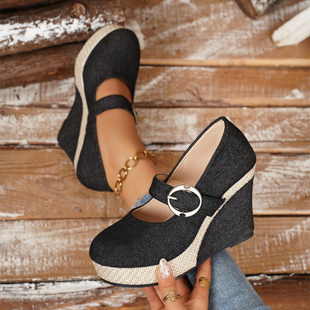 Damen Wedge-Pumps mit schnallenverziertem Fesselriemen und geflochtenem Absatz R&B