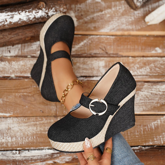 Damen Wedge-Pumps mit schnallenverziertem Fesselriemen und geflochtenem Absatz R&B