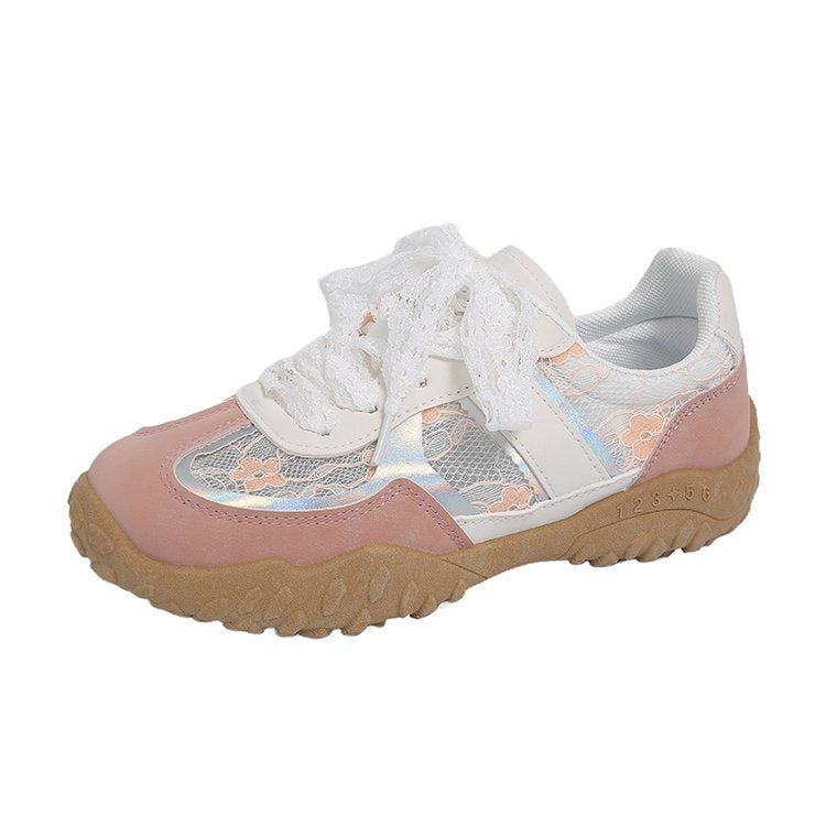 Damen modische Sneakers mit eleganter Spitze und transparenter Schnürung R&B