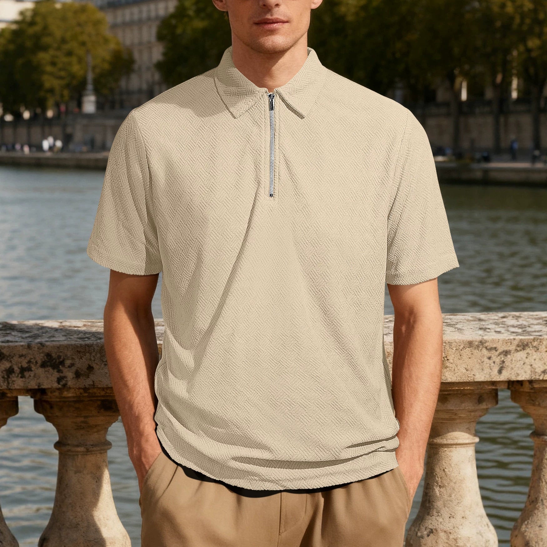 Herren nan schmal geschnittenes Halbzip-Polo mit feiner Fischgrät-Jacquardstruktur R&B