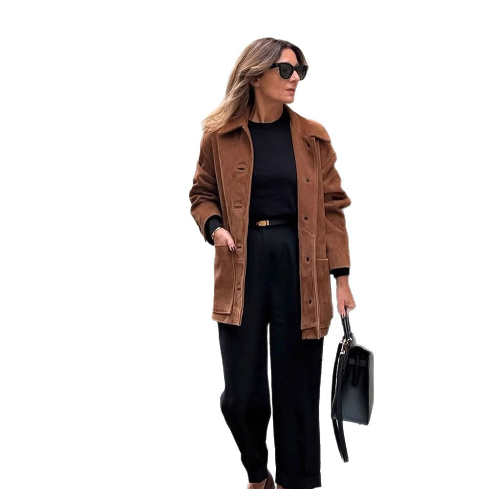 Damen hochwertige Suede Jacke mit praktischen Taschen und klassischem Kragen R&B
