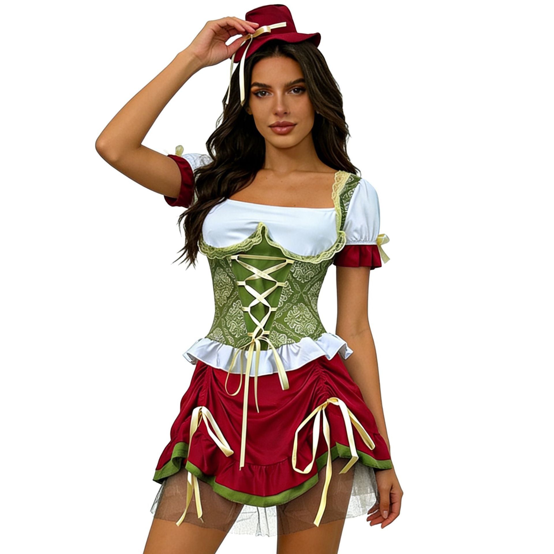 Damen nan kurzes Dirndl Trachtenkleid mit Schnürcorsage, Spitzenkragen und gerafftem Rock R&B