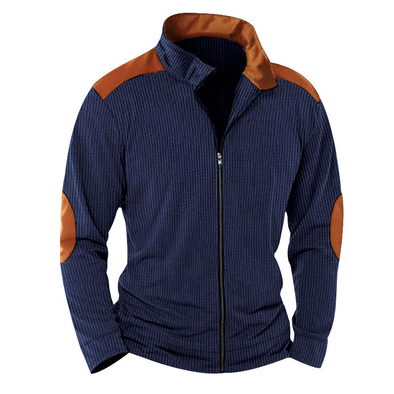 Herren nan strukturierte Strick‑Hybridjacke mit Stehkragen Kontrasteinsätzen und Ellbogenpatches R&B