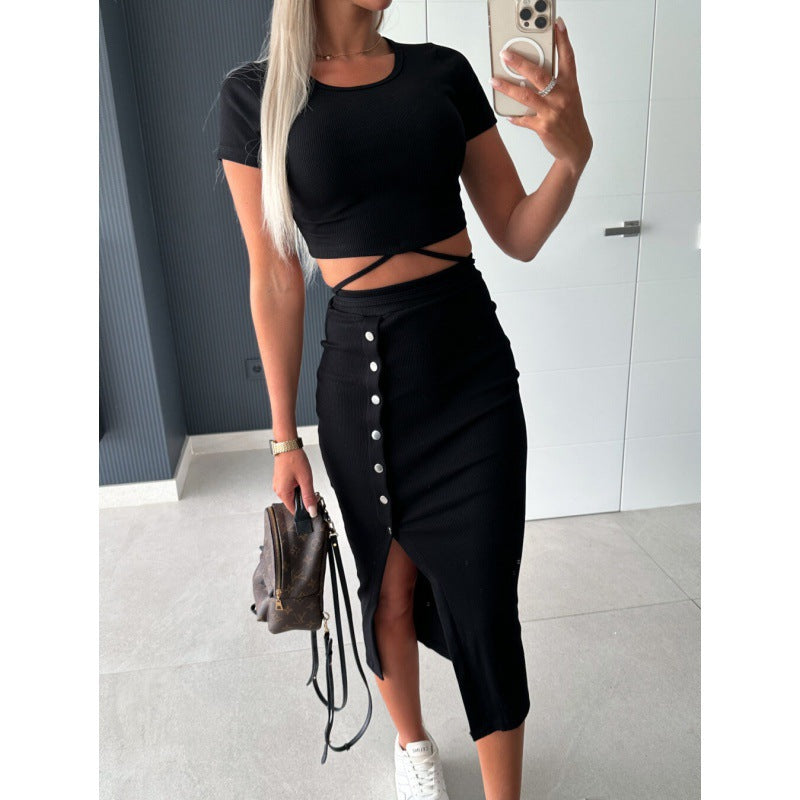 Frauen Ripp-Crop-Top und geknöpfter Midi-Rock Set R&B