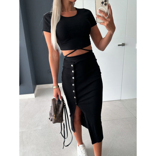 Frauen Ripp-Crop-Top und geknöpfter Midi-Rock Set R&B