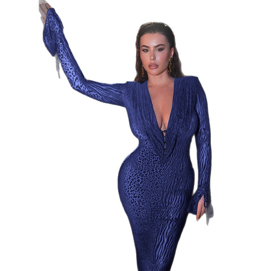 Damen elegantes Maxikleid mit tiefem V-Ausschnitt und verspielten Rüschendetails R&B