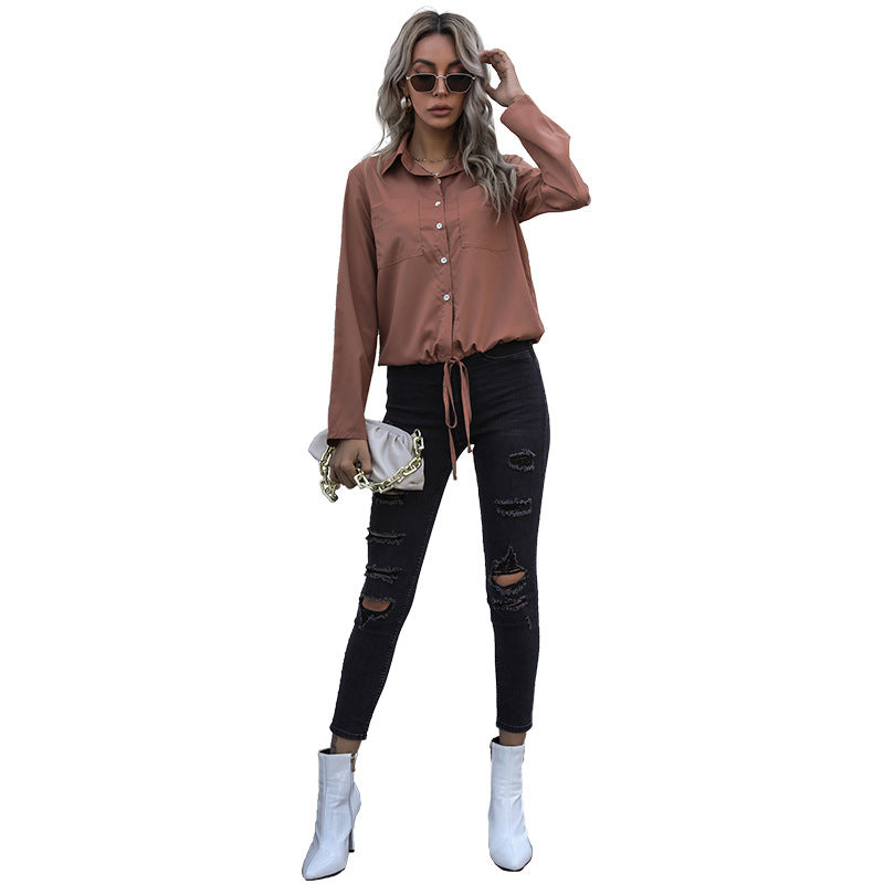Damen Elegante Bluse mit Krawattenverschluss und Brusttaschen R&B