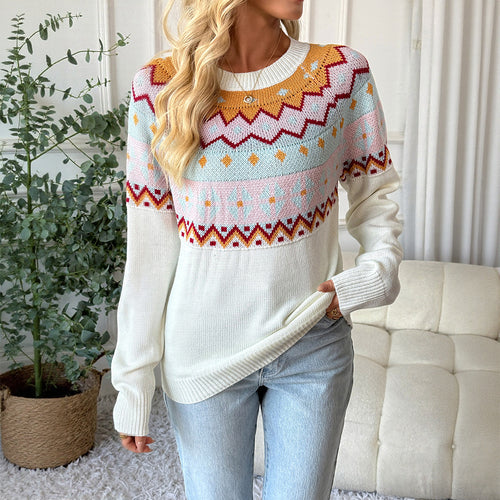 Damen Strickpullover mit traditionellem Muster und überschnittenen Schultern R&B