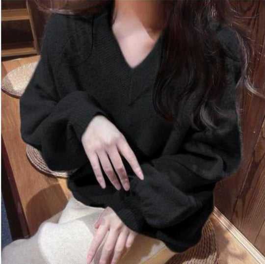 Damen Grobstrickpullover mit tiefem V-Ausschnitt und voluminösen Ärmeln R&B