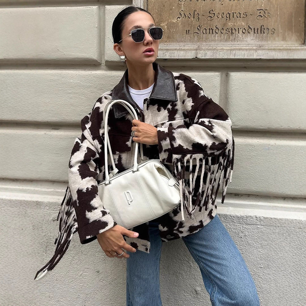 Damen Oversized Fransenjacke mit Kuhmuster R&B