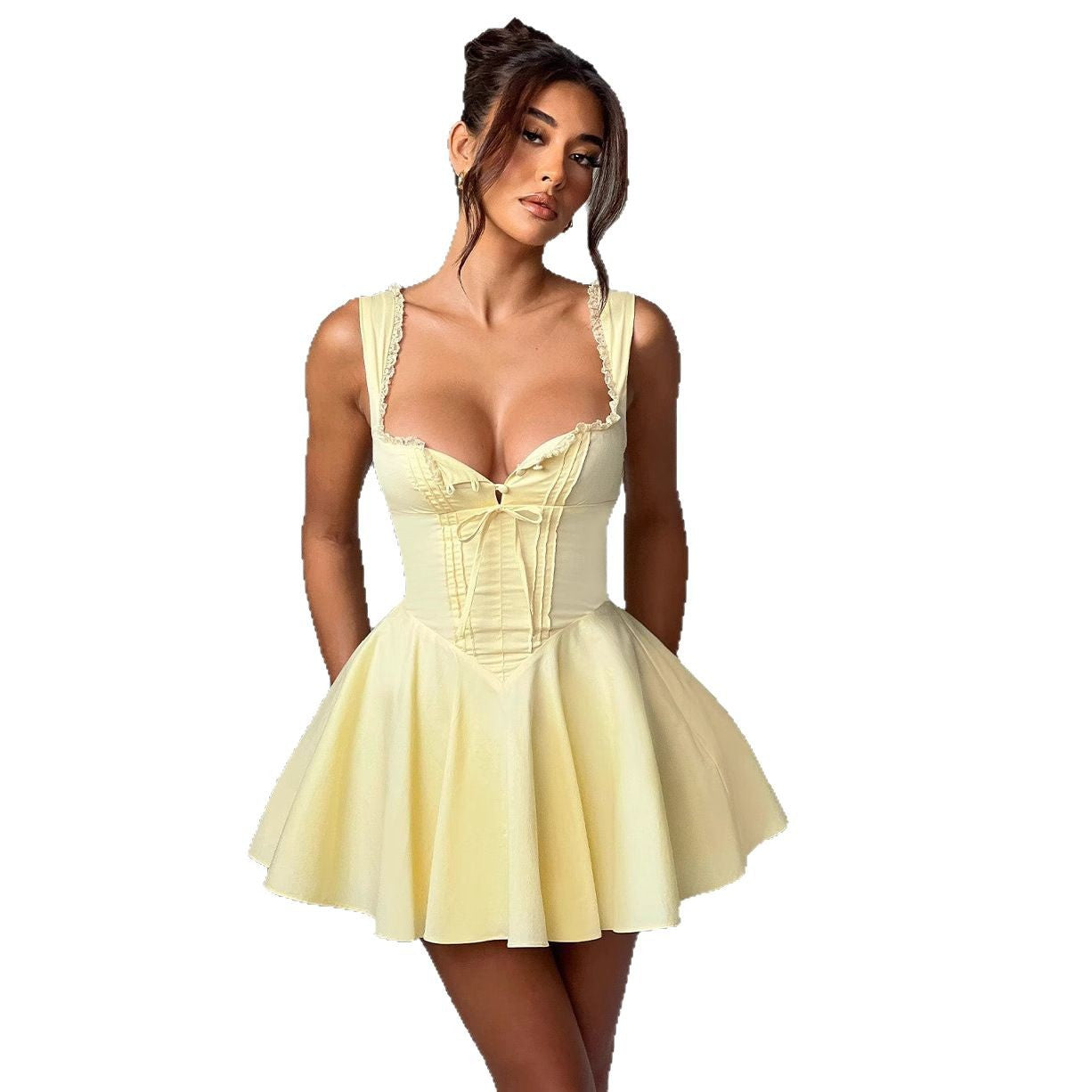 Damen verspieltes Minikleid mit raffiniertem V-Ausschnitt und süßen Rüschendetails R&B