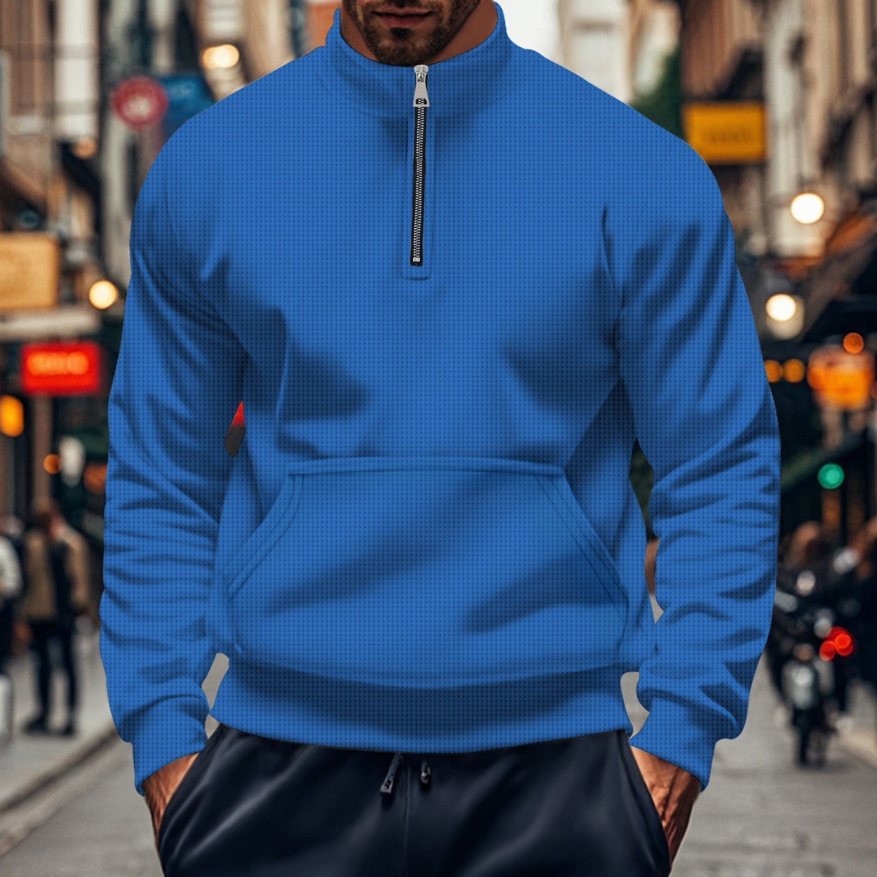 R&B | Entspanntes Fit Halber Reißverschluss Kängurutasche Gerippte Kanten Baumwollstrick