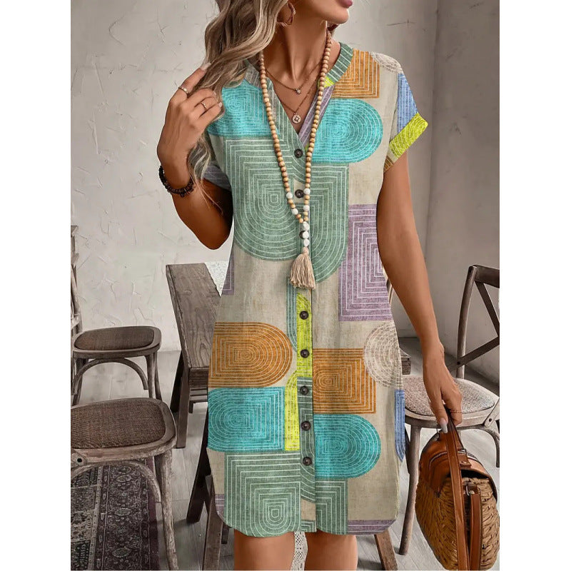 Damen Hemdblusenkleid mit geometrischem Muster und kurzen Ärmeln R&B