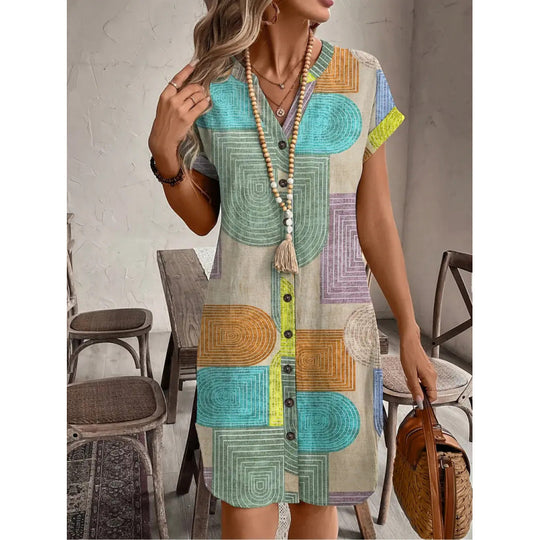 Damen Hemdblusenkleid mit geometrischem Muster und kurzen Ärmeln R&B