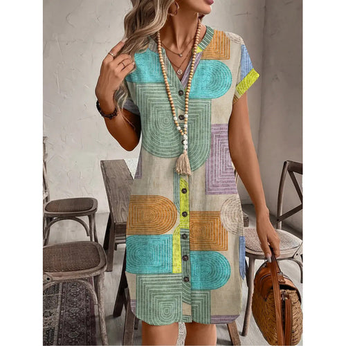 Damen Hemdblusenkleid mit geometrischem Muster und kurzen Ärmeln R&B