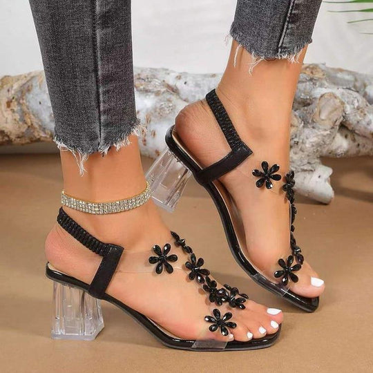 Damen Glamouröse Sandalen mit transparentem Blockabsatz und funkelnden Blumenapplikationen R&B