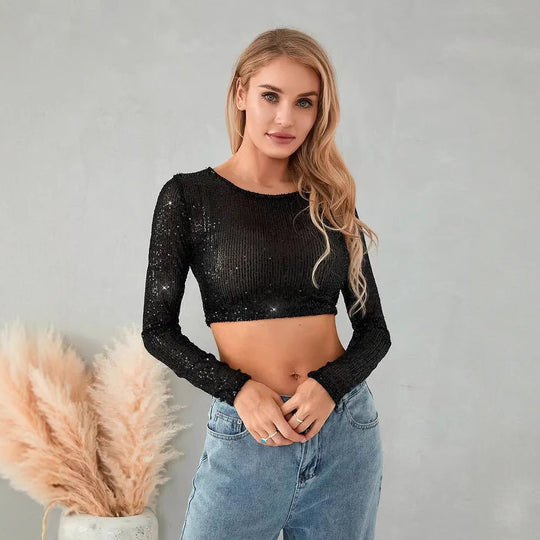 Damen Glitzerndes Crop-Top mit langen Ärmeln und figurbetontem Schnitt R&B