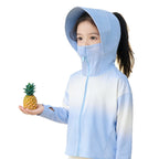 Unisex nan leichte Kinder Sonnenjacke mit integriertem Gesichtsschutz, Kapuzenschild und Pferdeschwanzöffnung  R&B