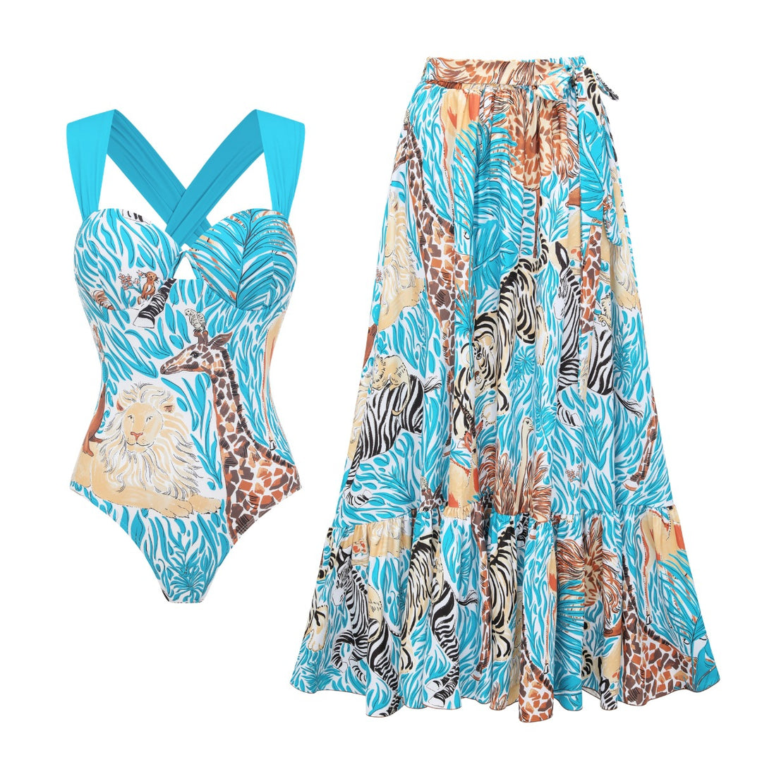 Damen Einteiler Badeanzug mit tierischem Print und eleganter Taillierung R&B