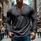 Herren nan athletisches Henley-Langarmshirt mit tiefem V-Ausschnitt, Metallknopfleiste und figurbetontem Slimfit R&B