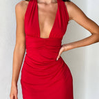 Damen Minikleid mit tiefem V-Ausschnitt und gerafftem Design R&B