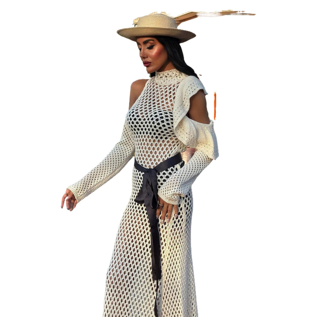 Damen schulterfreies Netzkleid mit eleganten Rüschen R&B