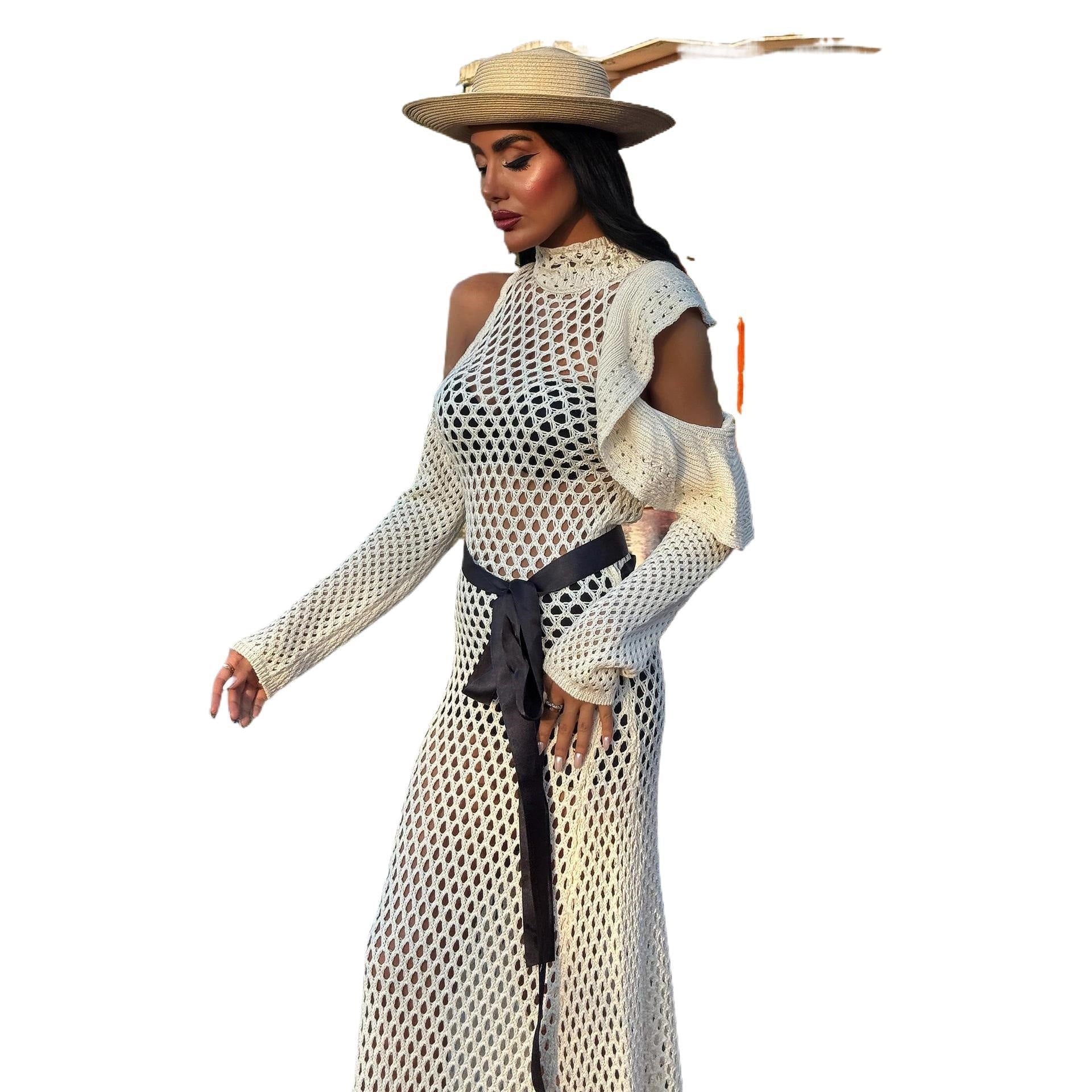 Damen schulterfreies Netzkleid mit eleganten Rüschen R&B