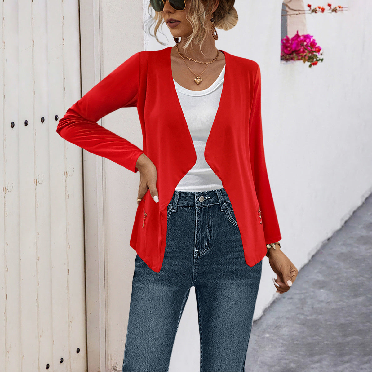 Damen elegante Jerseyjacke mit asymmetrischem Schnitt und subtilem Glanz R&B