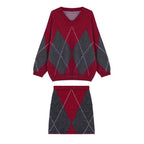 Damen Skandinavisches Strickensemble mit V-Ausschnitt und Rautenmuster