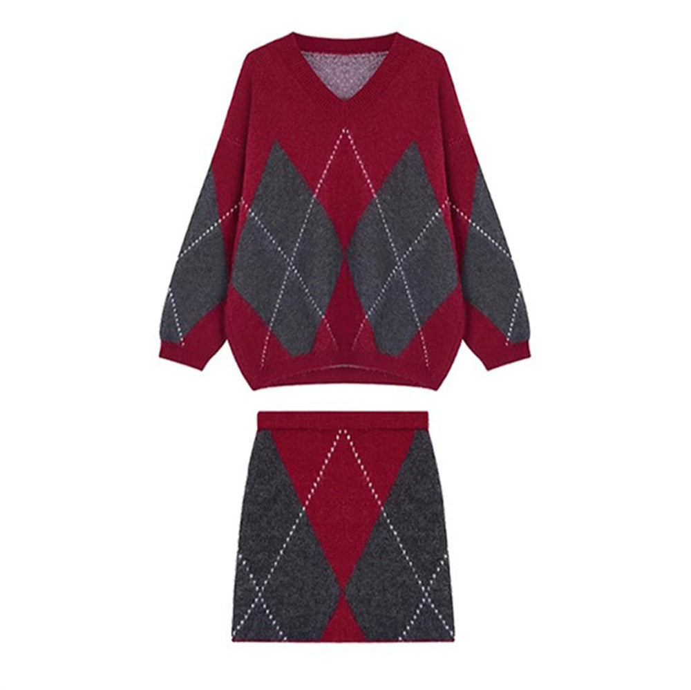 Damen Skandinavisches Strickensemble mit V-Ausschnitt und Rautenmuster