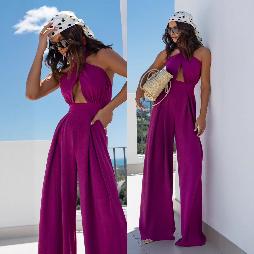 Damen Jumpsuit mit tiefem V-Ausschnitt und weiten Beinen R&B