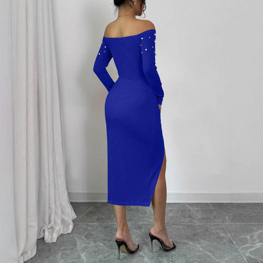Damen Elegantes Kleid mit schulterfreier Silhouette und seidigem Schlitz R&B