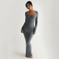 Damen Elegantes langes Kleid mit tiefem U-Ausschnitt und langen Ärmeln R&B