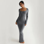 Damen Elegantes langes Kleid mit tiefem U-Ausschnitt und langen Ärmeln R&B