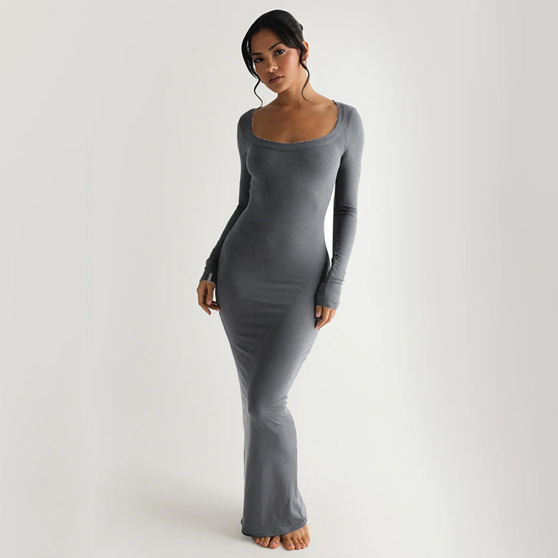 Damen Elegantes langes Kleid mit tiefem U-Ausschnitt und langen Ärmeln R&B