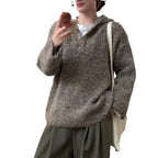 Damen bequemer Strickpullover mit Knopfleiste und Kapuze R&B